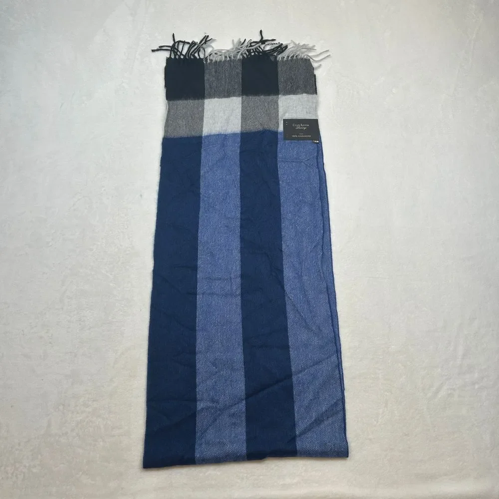 Club Room Luxury 100%‎ Cashmere Scarf One Size Blue Gray Buffalo Check Plaid